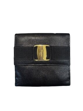 Black Lizard-Embossed Leather Clutch with Gold Bow Buckle